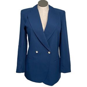 Vtg Adolfo Atelier Womens Double Breasted Blazer 8 Blue Lined Shoulder Pads